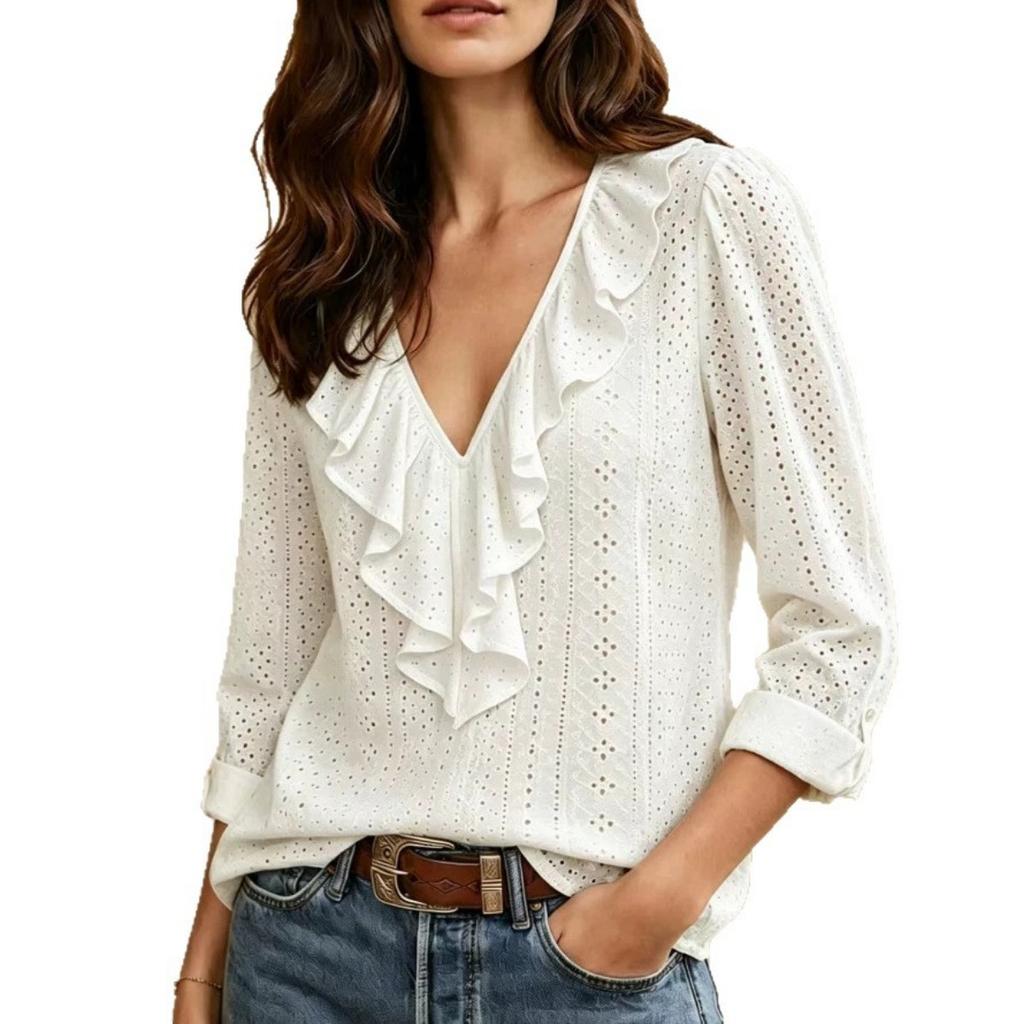 New Women's Long Sleeve V-Neck Ruffle Solid Color Elegant Slim Fit Versatile Top, European & American Style