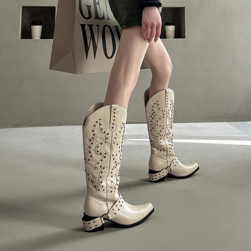Женские ковбойские сапоги в западном стиле, модные сапоги до колена, ретро сапоги рыцаря с заклепками, роскошные кожаные сапоги с острым носком для женщин, Botas Mujer