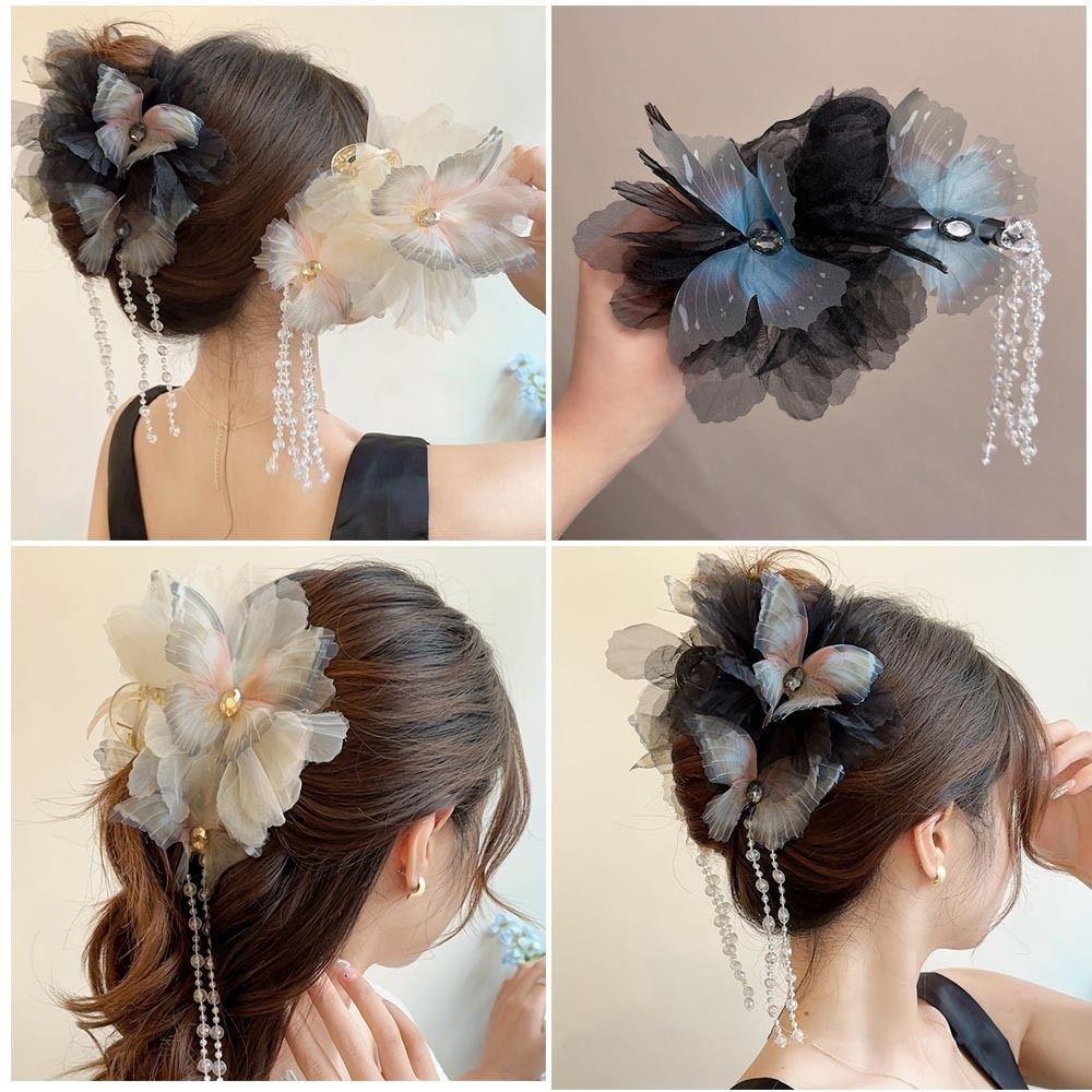 Заколки для волос в виде цветка и бабочки, бусины, зажим для акулы, элегантный зажим для захвата, девочка