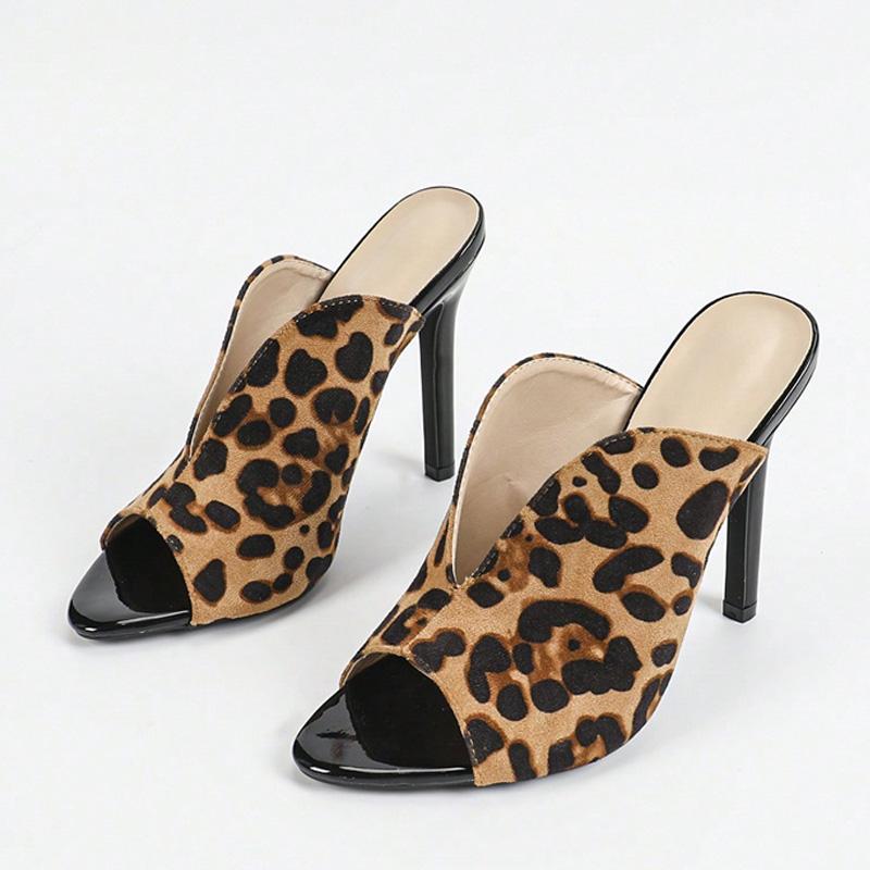 Summer Women's Sexy Leopard Print Women Slippers V-Strap Shallow Peep Toe Thin High Heels Sandal Party Banquet Shoes