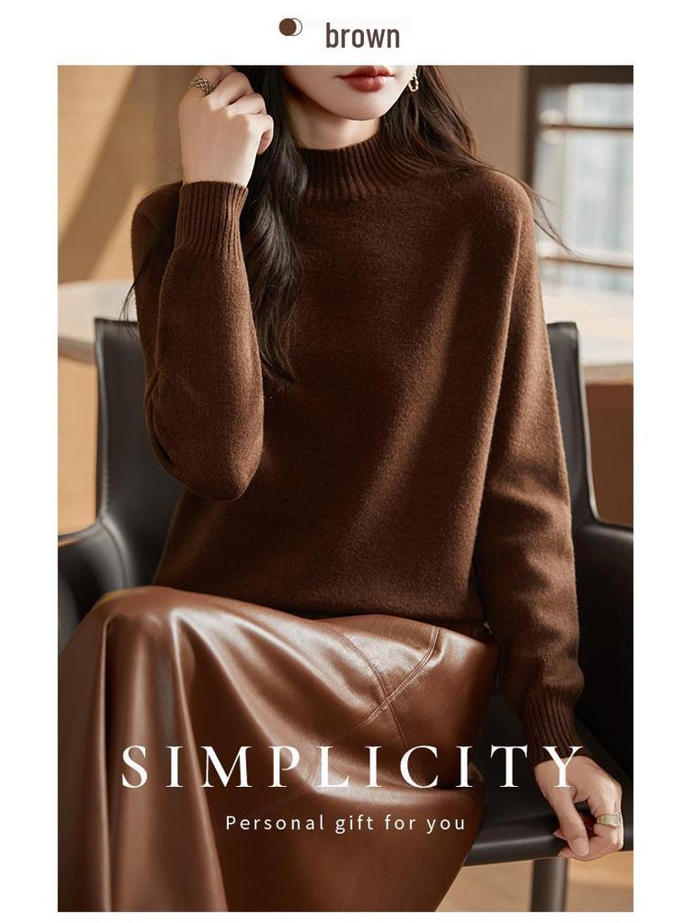 Женский очень толстый бесшовный вязаный свитер - Цельный, с полувысоким воротником, длинным рукавом, свободного кроя, облегающий базовый слой, дизайн 2025