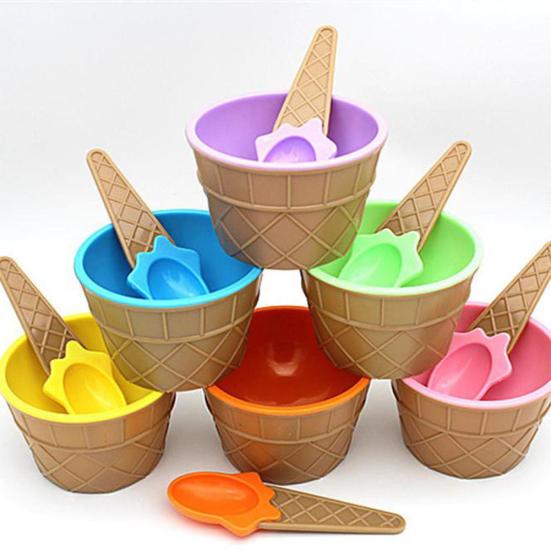 Kids Child Cartoon Cone Ice Cream Bowl Spoon Dessertware