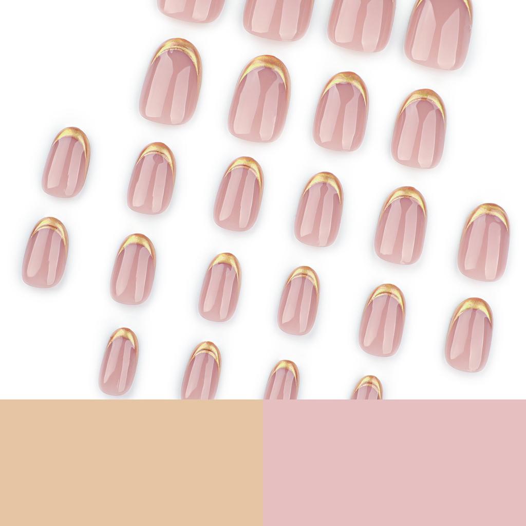 24pcs Simple Short Short Round Nude Pink Manicure French Gold Wearable Fake Nail Gold Paste 3D Wearable Nail Clipping