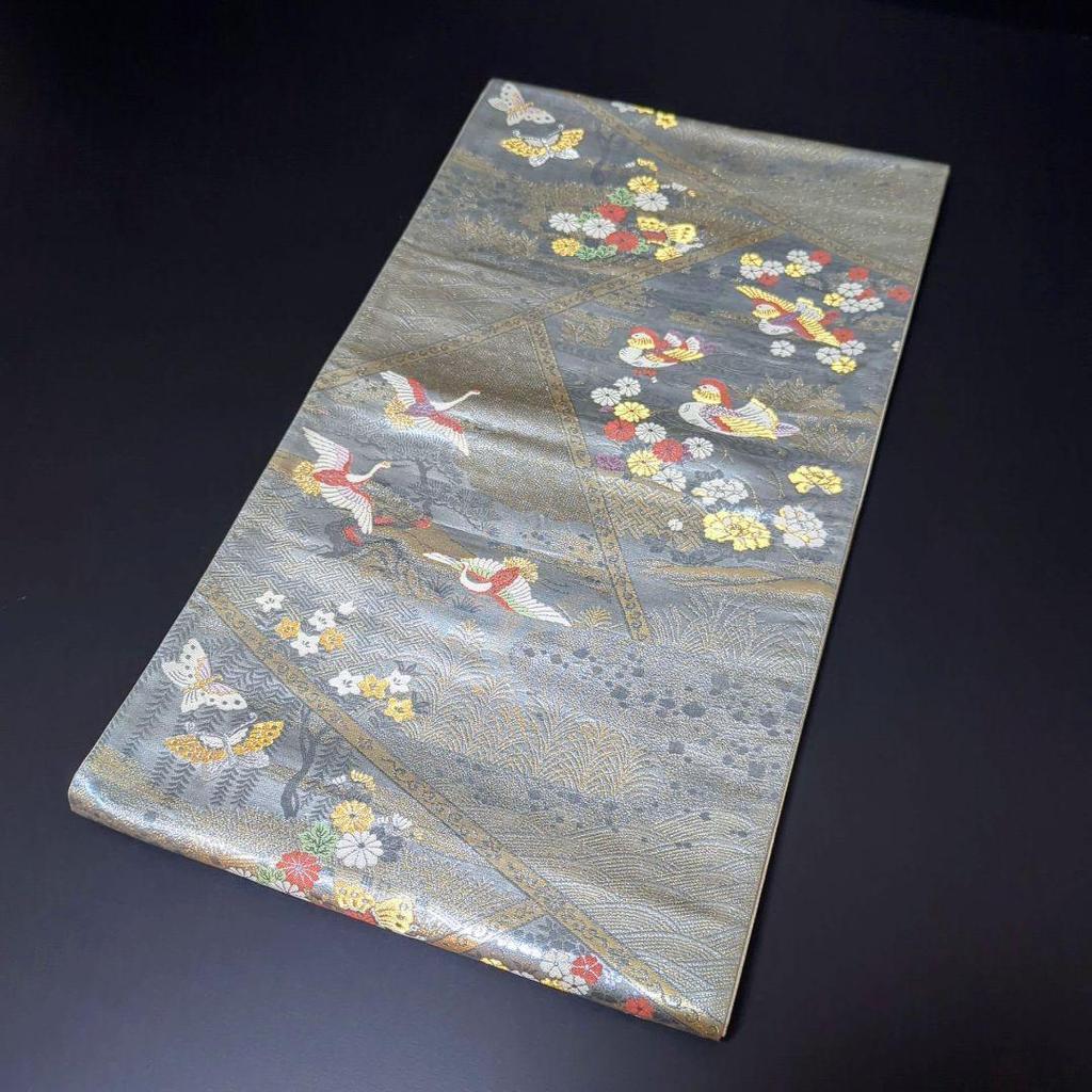 Used H-644 Fukuro obi Pure silk Six pieces Gold thread Silver thread Foil Oshidori Crane Butterfly Chrysanthemum Peony Flower pattern