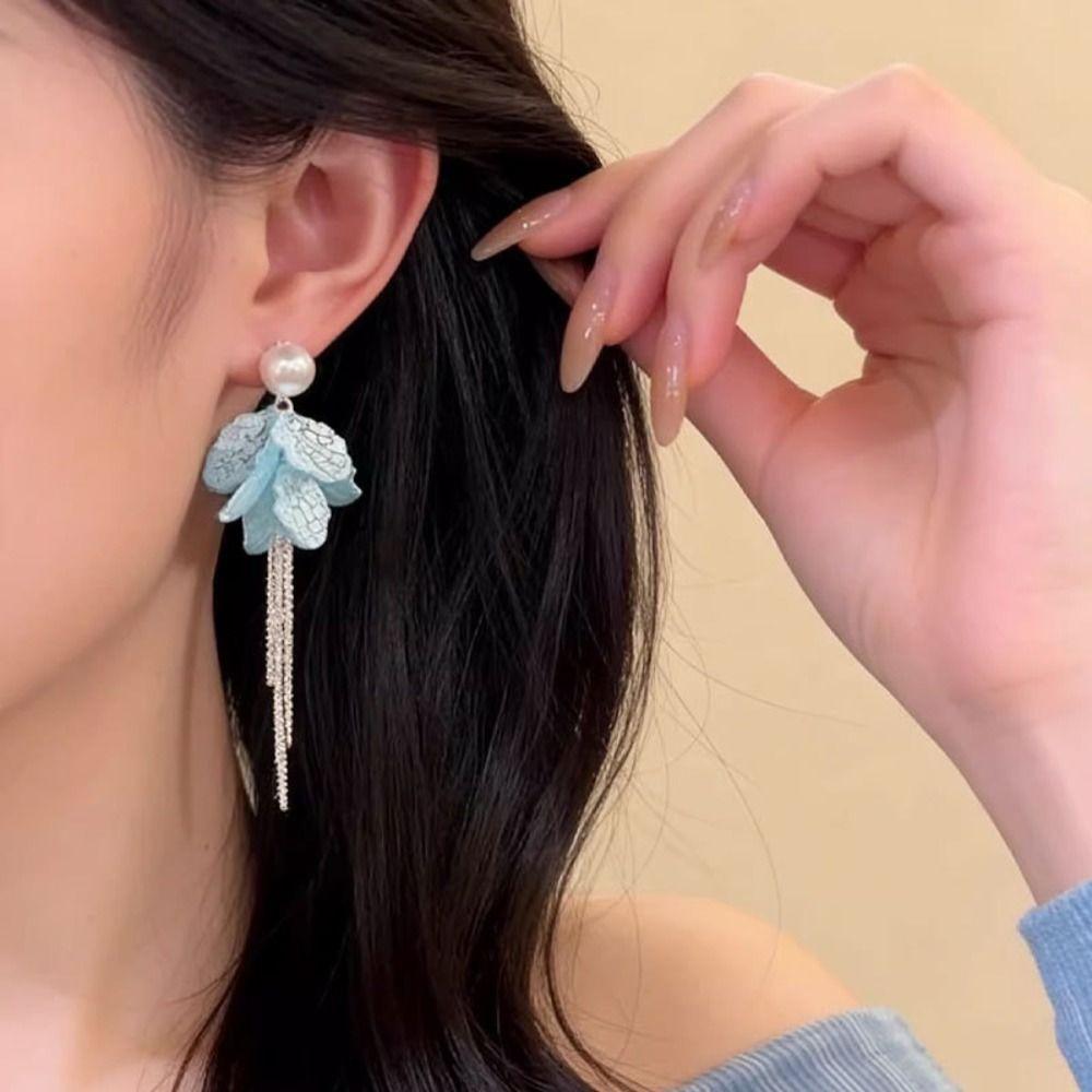 Peach Tea Color Tassel Earrings Blue Petal Design Fashion Jewelry Zinc Zinc Alloy Earrings Women's Jewelry