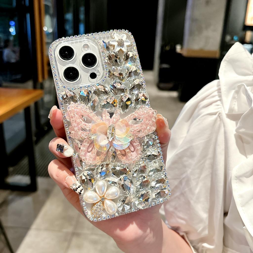 For iPhone 16 Pro Max Case Glass Rhinestone Decor Butterfly Pattern TPU Phone Back Cover