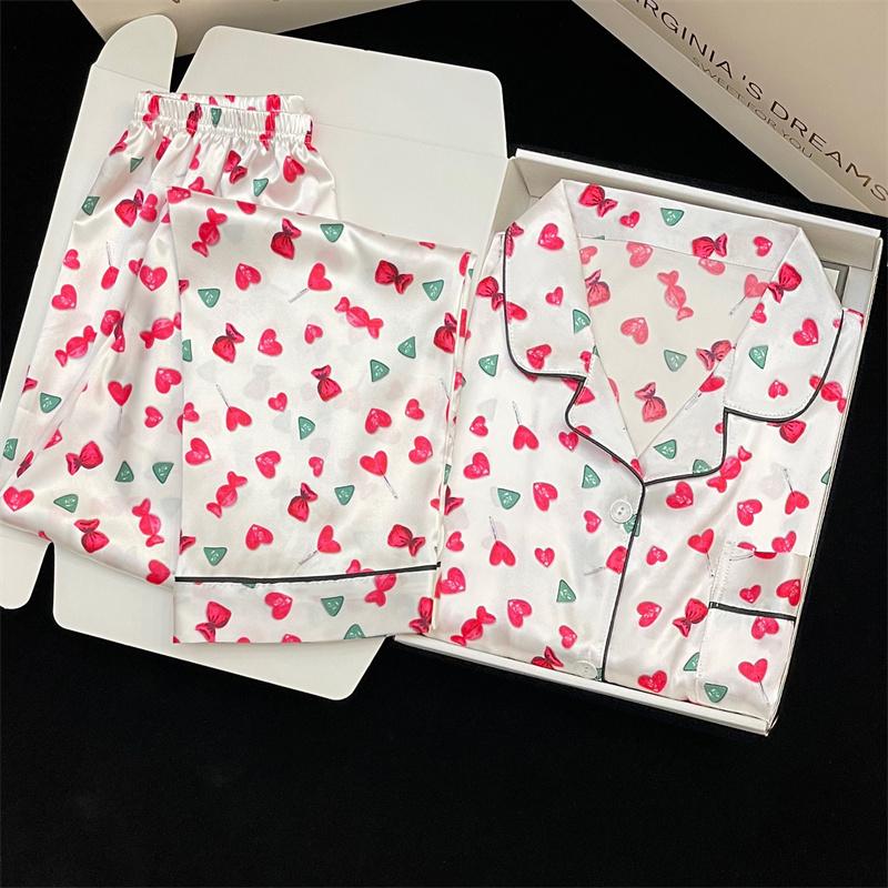 Пижама женская атласная пижама с длинными рукавами пижамный костюм с цветочным принтом высококачественный ледяной шелк можно носить на улице