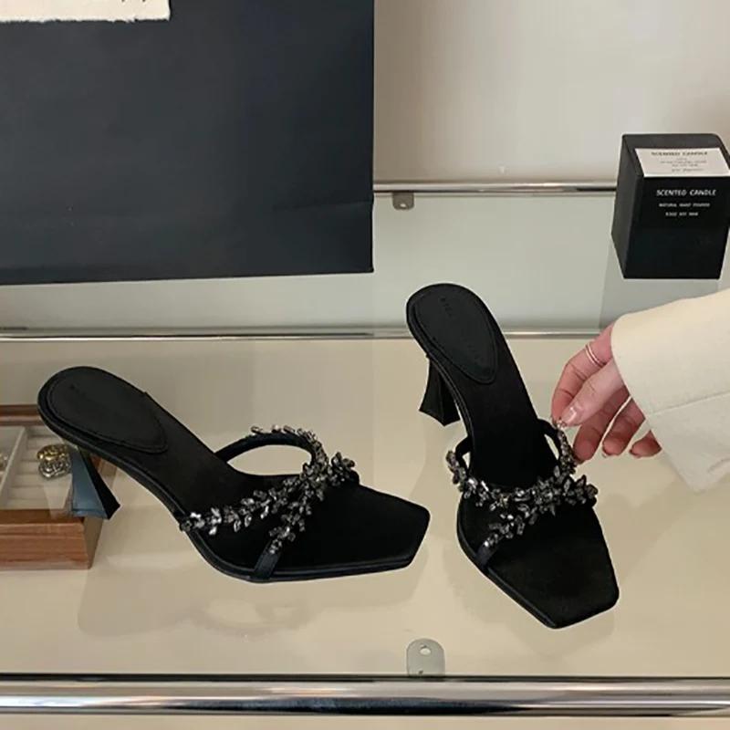 Модные летние тапочки, обувь для женщин, женские туфли на высоком каблуке, хрустальные шлепанцы с открытым носком, элегантные вечерние туфли для вечеринки, женские сандалии