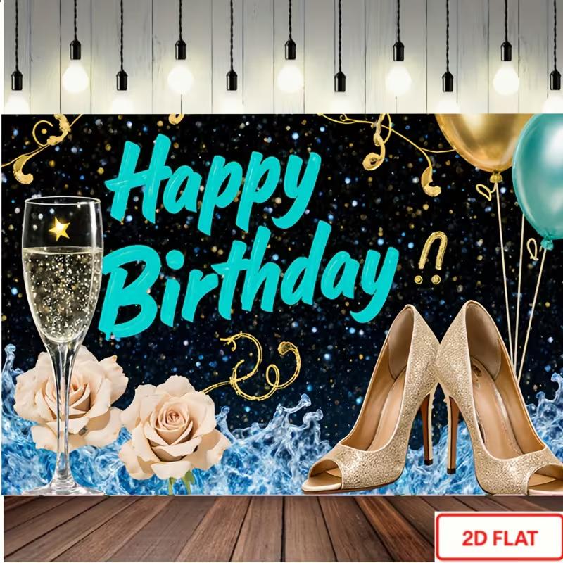 2D Black Teal Gold Happy Birthday Backdrop for Women, Birthday Party Background with High Heels & Champagne