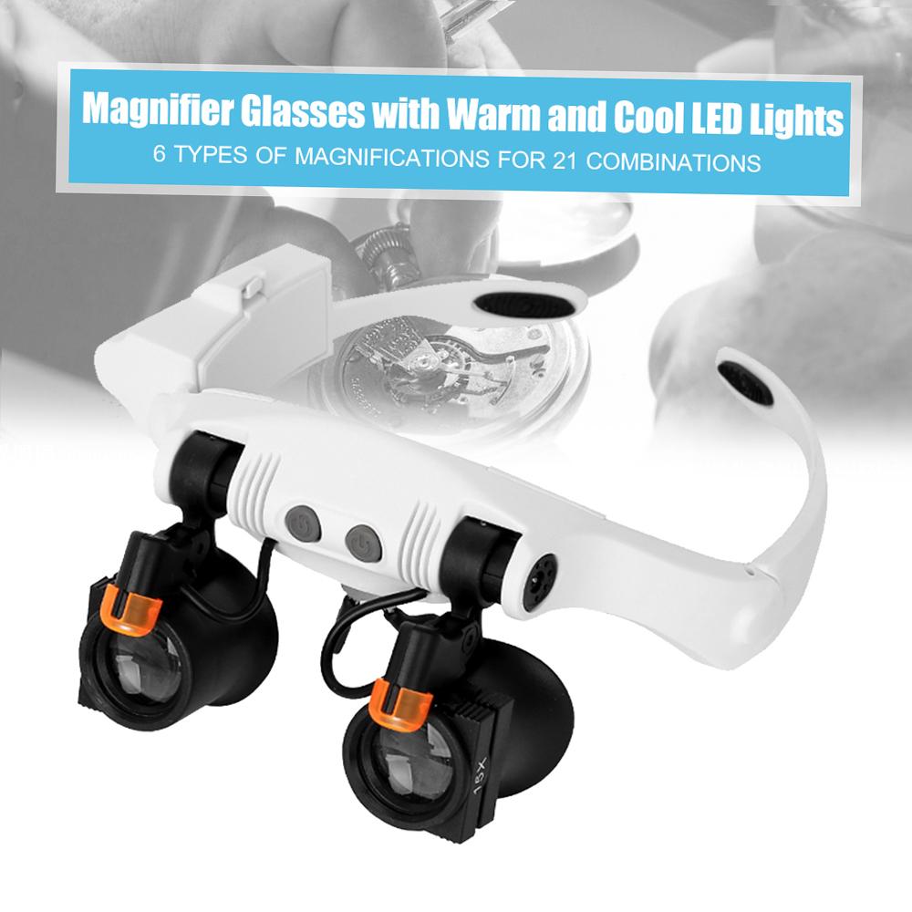 Headband Magnifier Eye Loupes Eyeglass Style Hands-Free Magnifying Multiple Magnifications with Warm and Cool LED Lights