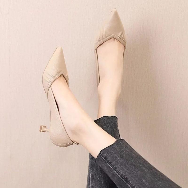 WTEMPO Solid Color High-heeled Shoes Women's Spring and Autumn Thin Heel Pointed Toe Pleated Soft Leather Soft Sole Middle Heel Breathable Shoes