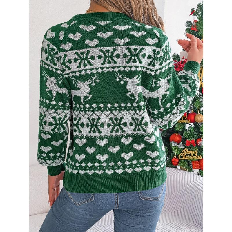 Autumn and Winter Christmas Fawn Pattern Women's Long-sleeved Pullover Sweater, Warm and Comfortable Women's Tops In a Festive Atmosphere