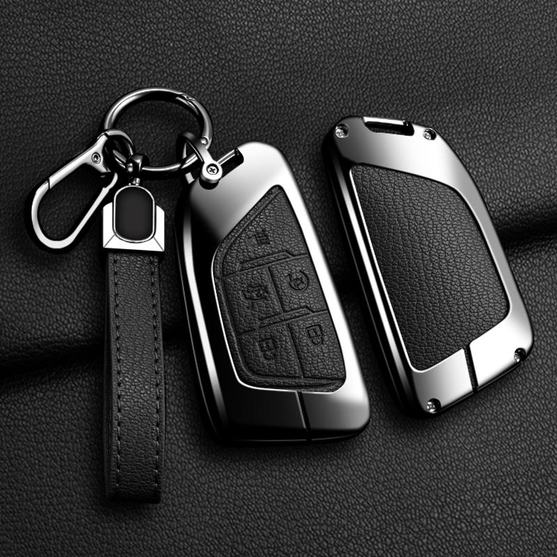 Zinc Alloy + Leather 5 Buttons Car Key Case Cover Fob Holder Shell for Cadillac CT4 CT5 CT4-V C8 Corvette 2020 2021 Escalade