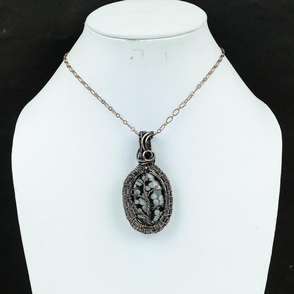 Tree Of Life Snowflake Obsidian Handmade Pure Copper Wire Wrap Amazing Jewelry Pendant