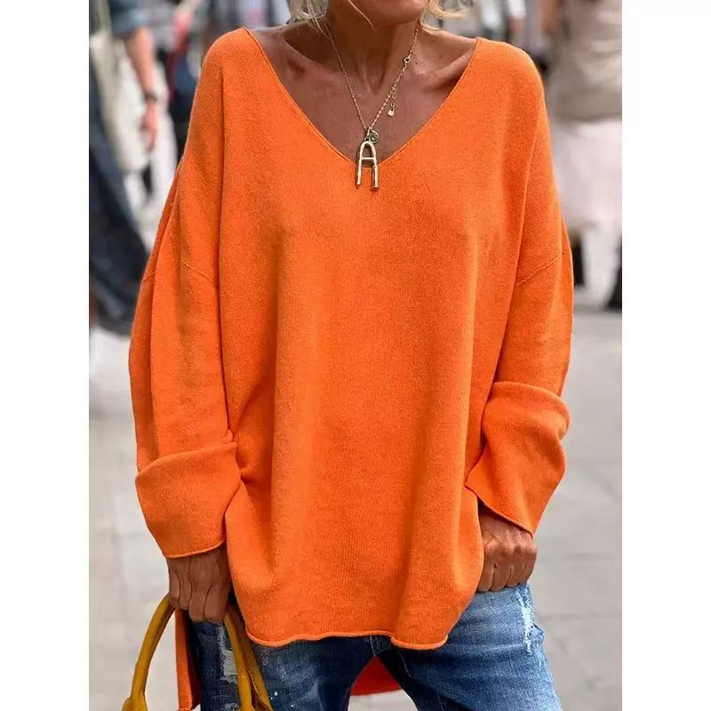 IHUASU Autumn Winter Women's Solid Color V-neck Long Sleeve Loose Casual Comfortable T-shirt Top