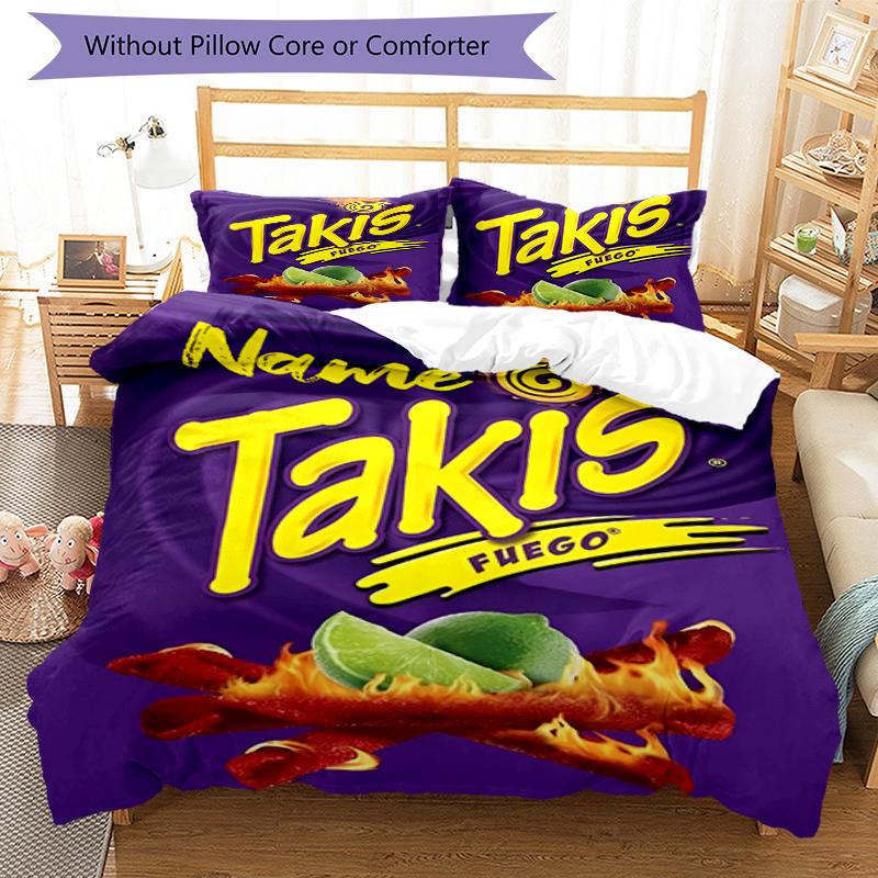 3pcs Custom Name Takis Fuego Bedding Set Duvet Cover Closure Includes 1 Duvet Cover & 2 Pillowcases, Soft and Comfortable for All Seasons.