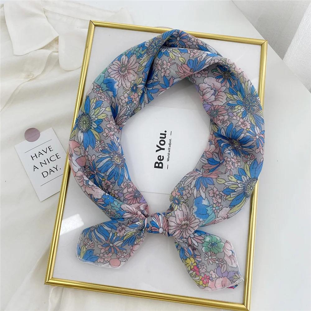 Floral Print Neckerchief Small Hijab Scarfs Women Fashion Handkerchief Neck Scarf Shawls Cotton Blends Korean Hair Scarves 58CM