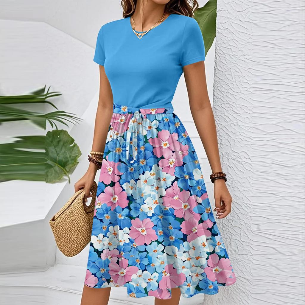 Women's Casual Fashion Belted Floral Print Short Sleeve Round Neck Elegant Dress