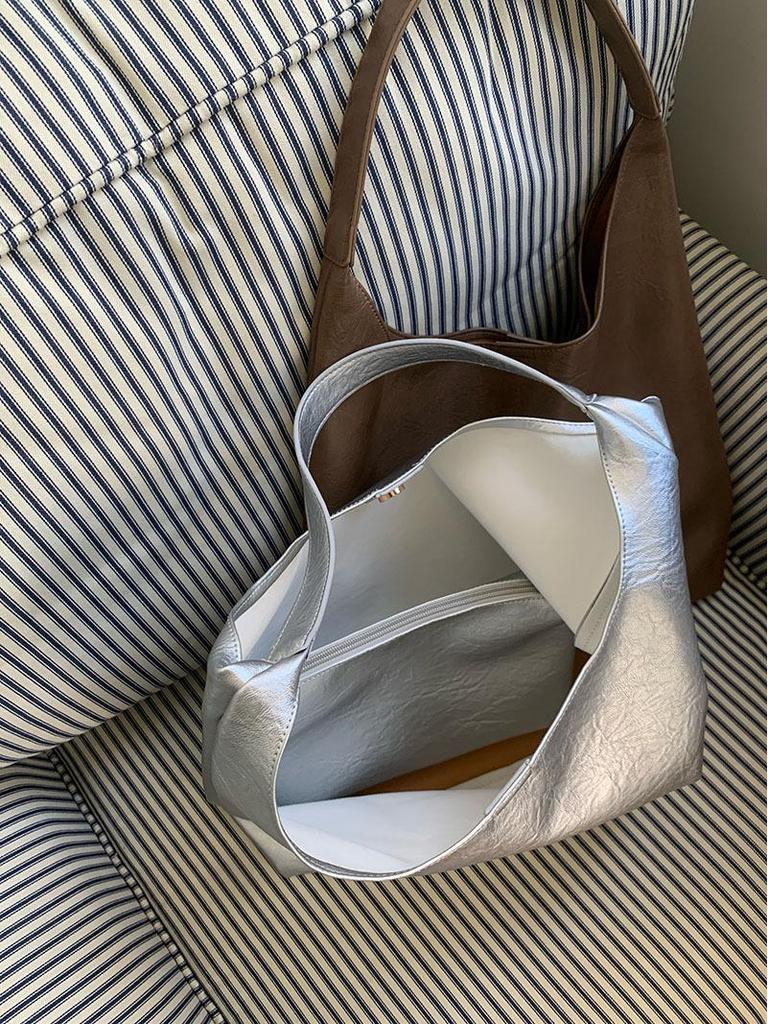 2025 Модная серебристая женская сумка-тоут подмышку в корейском стиле - Универсальная, вместительная летняя наплечная сумка