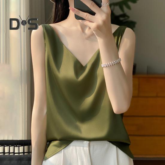Женский жилет с V-образным вырезом без рукавов, однотонные топы свободного кроя из гладкого атласа, универсальная повседневная одежда