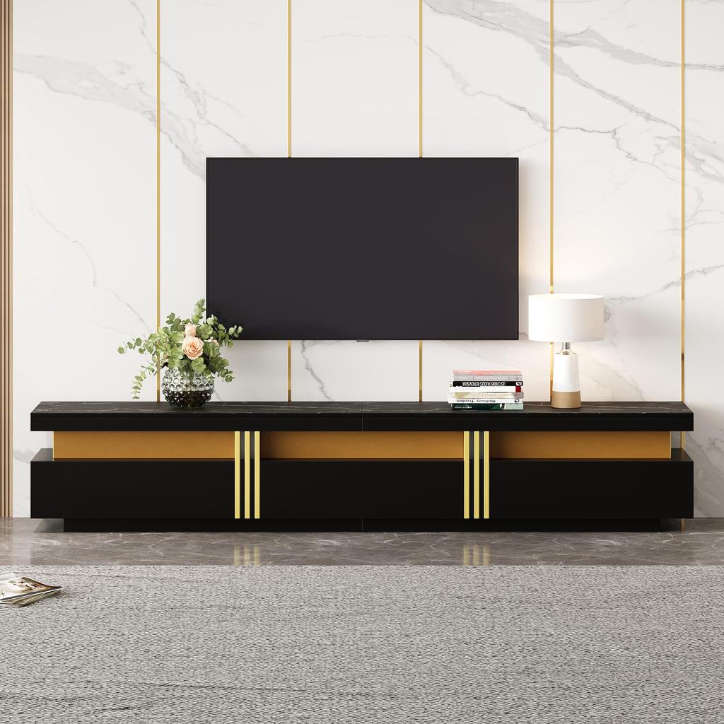TV Cabinet TV Board Three Drawers, TV Stand for TVs Up To 90 Inches, TV Table Living Room, Dining Room, Bedroom, Ink. 200cm, Black