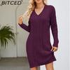 BITCED Женское однотонное платье-миди с V-образным вырезом из смесовой шерстяной пряжи, модная элегантность на осень/зиму, базовое вязаное платье с узором «косы»