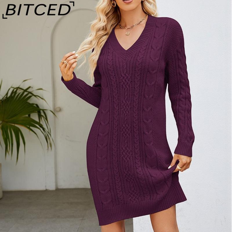 BITCED Женское однотонное платье-миди с V-образным вырезом из смесовой шерстяной пряжи, модная элегантность на осень/зиму, базовое вязаное платье с узором «косы»