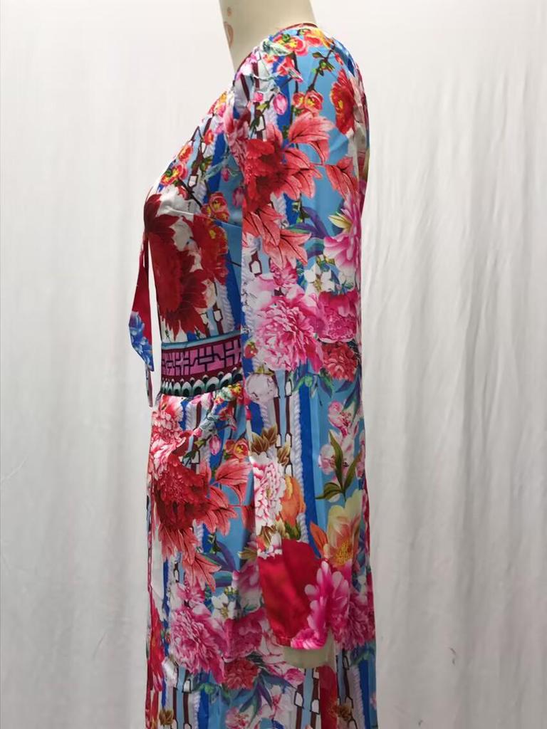 2025 V-Neck Retro Long Sleeve Printed Evening Dress - Spring/Summer Collection