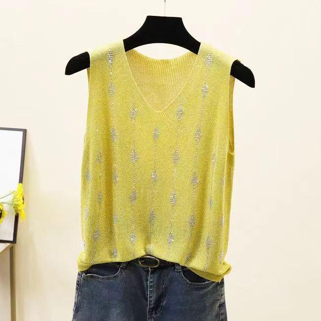 2023 Блестящий шелковый женский жилет без рукавов с V-образным вырезом - Новый стиль весна/лето, свободный крой с вязаным дизайном на бретелях с горячими бриллиантами