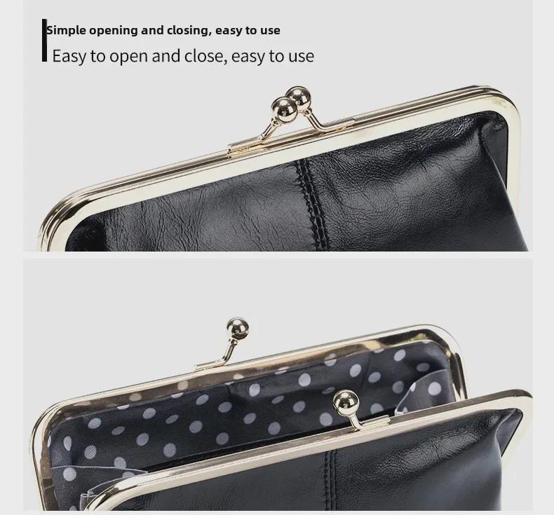 Women's Retro Long Genuine Leather Wallet Handbag - Large Capacity, Waxed Gold Clip Style