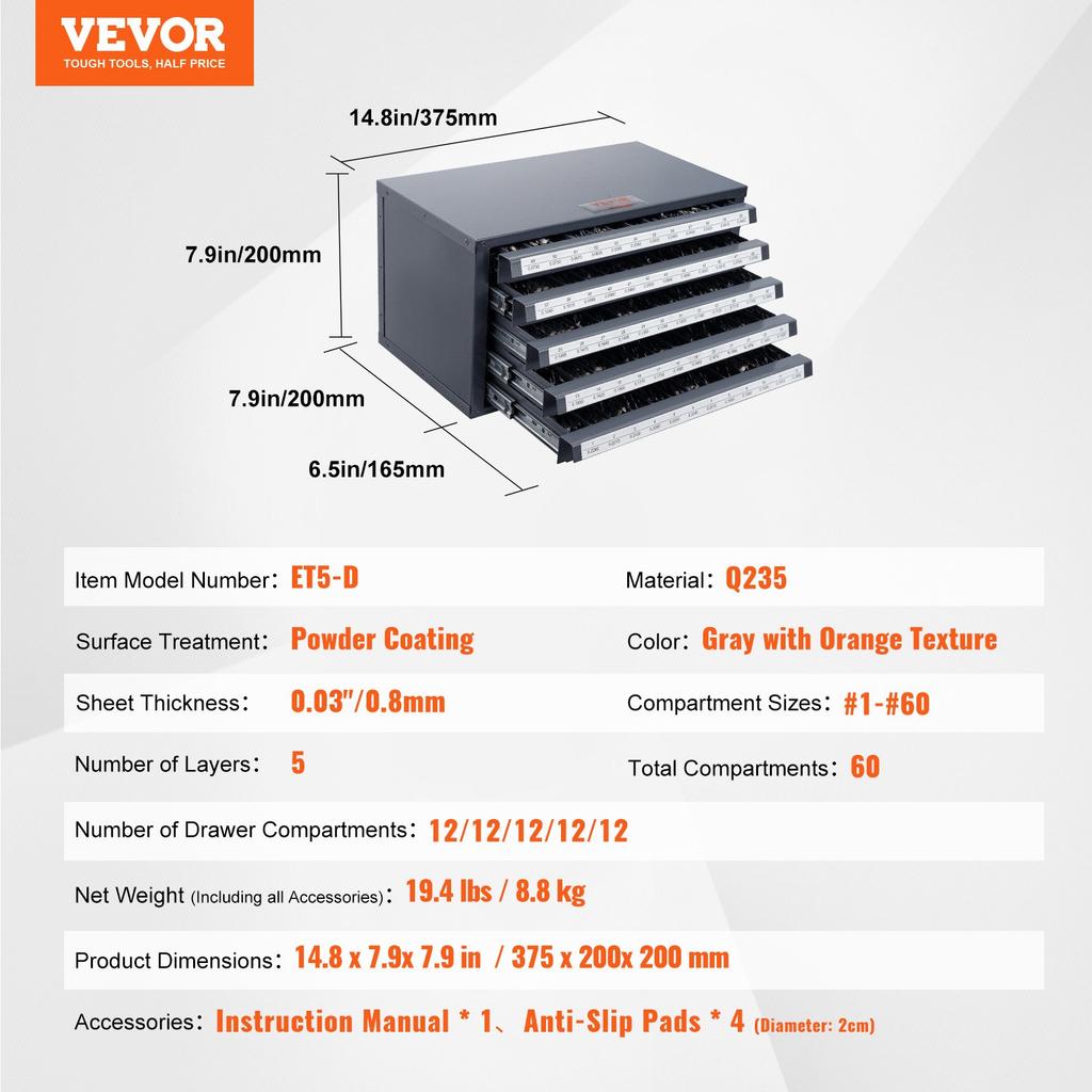 VEVOR Drill Bit Dispenser Cabinet, Five-Drawer Drill Bit Organizer Cabinet for #1 to #60 Steel Drill Dispenser Organizer Cabinet with Labels