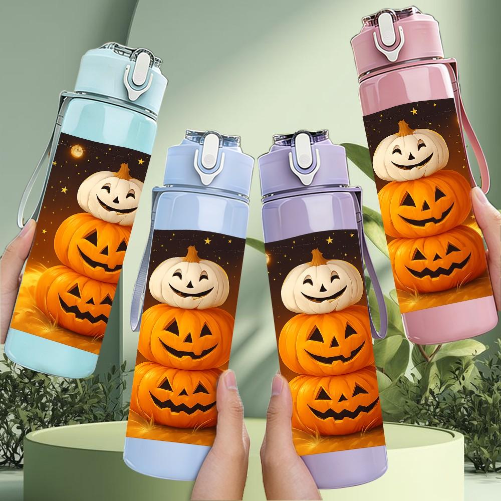 1PC Pumpkin Ghost Halloween Print 750ml Color Plastic Sports Water Bottle Leakproof Flip Straw Lid Suitable for Sports Office Home Use