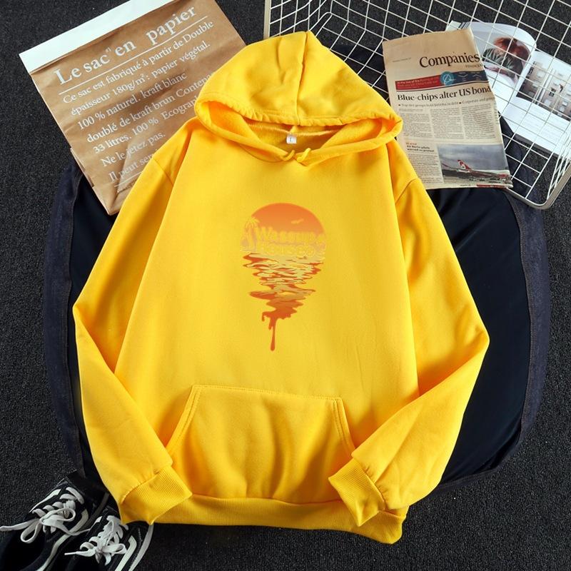 Sunset Print Fleece Long-Sleeved Sweater Men'S And Women'S Pullover Hooded Couple Casual Loose Coat