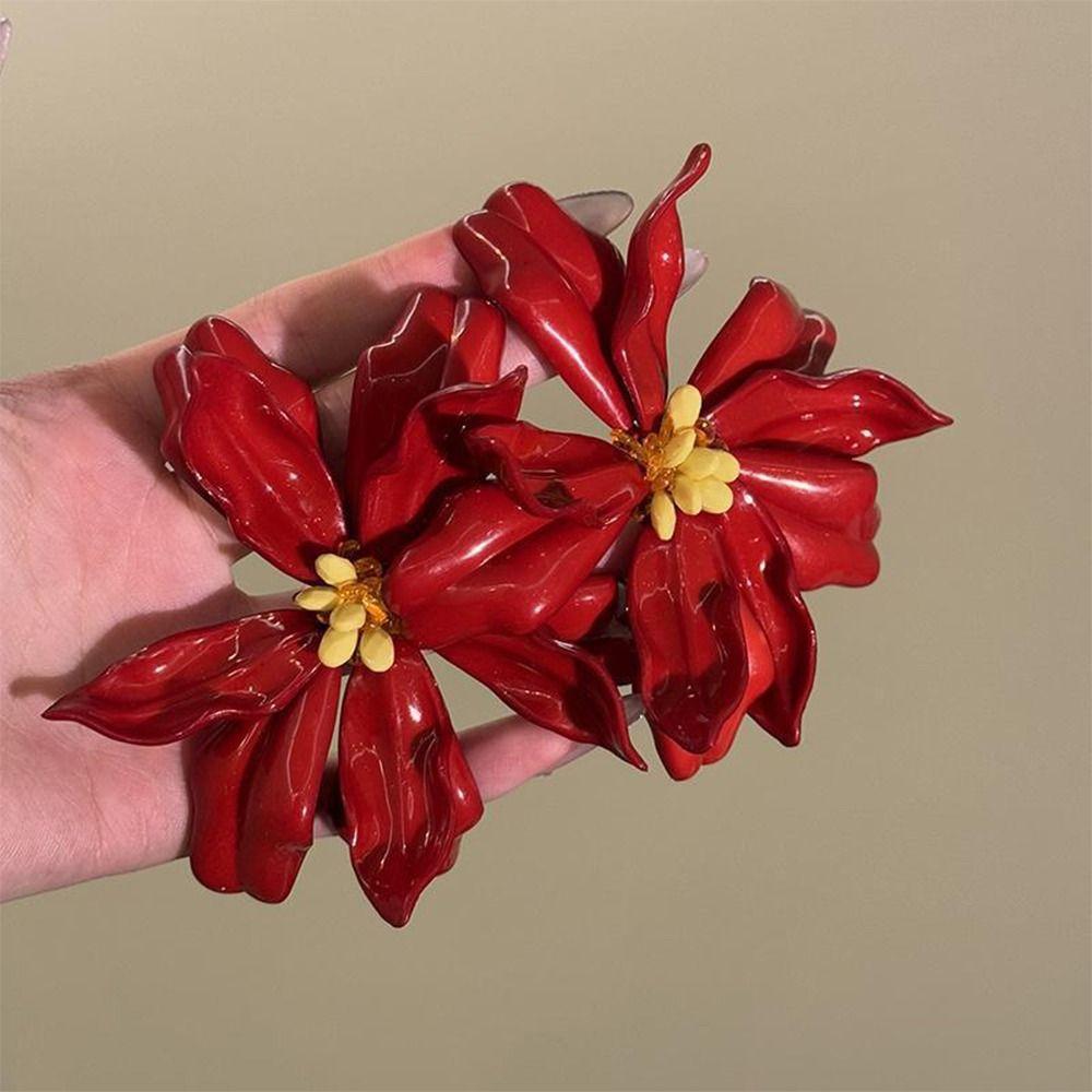 Преувеличенные серьги с красными цветами Винтажные эффектные серьги Праздничные украшения для вечеринок для женщин и девушек