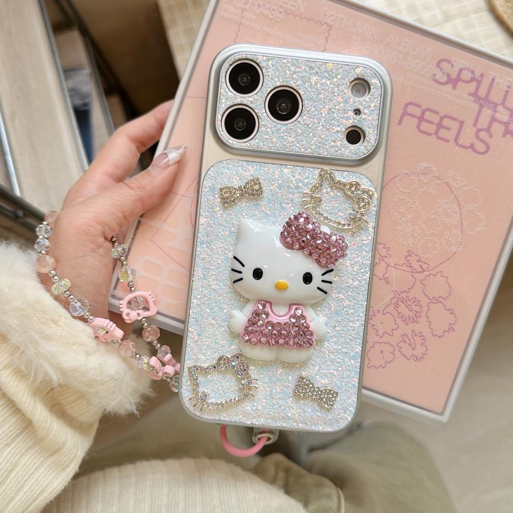 3D Милый Мультяшный Sanrio Сверкающий Блестящий Полностью Алмазный KT Чехол Для Телефона Для iPhone 17 Pro 16 15 14 Pro Max Жесткий Чехол С Браслетом