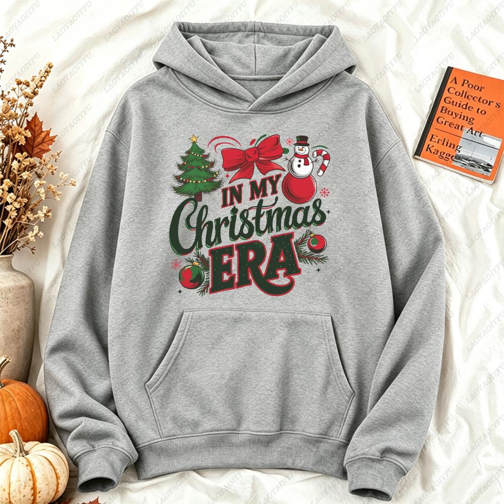 In My Christmas Era Retro Slogan Graphic Hoodie Women Casual Long Sleeve Pullover Vintage Xmas Tree Snowman Holiday Gift Top