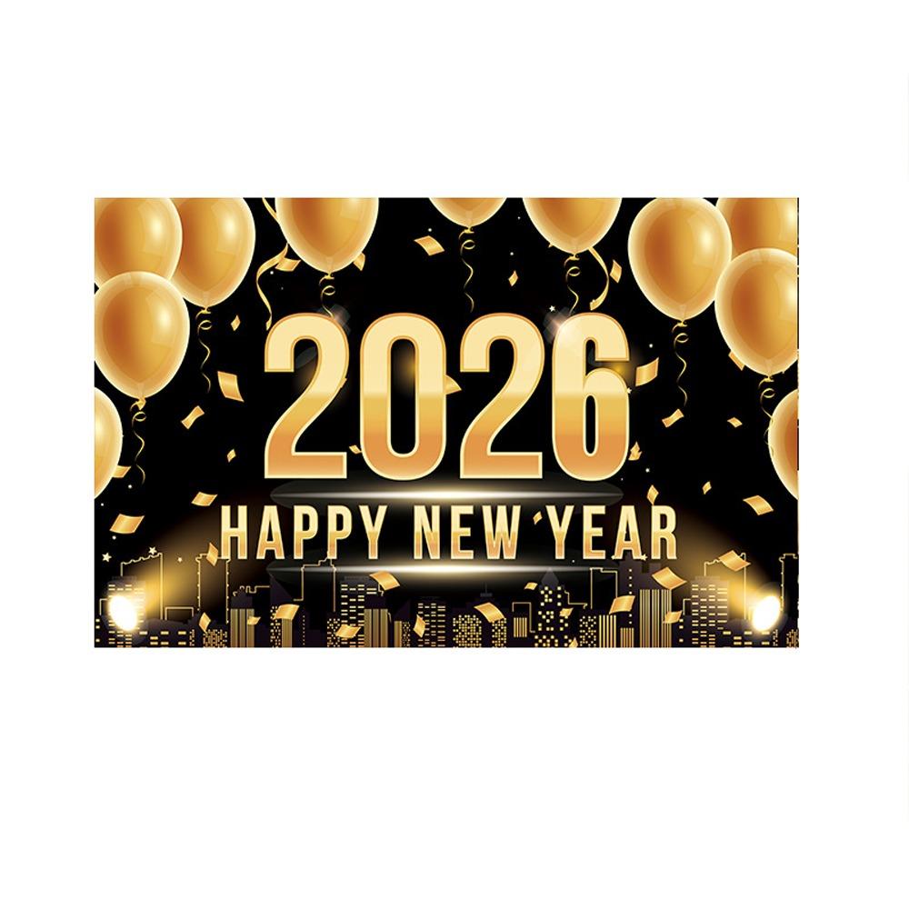 Black Gold 2026 New Year Backdrops Polyester Night Glittering Party Background Colorful Balloon Champagne Photo Background