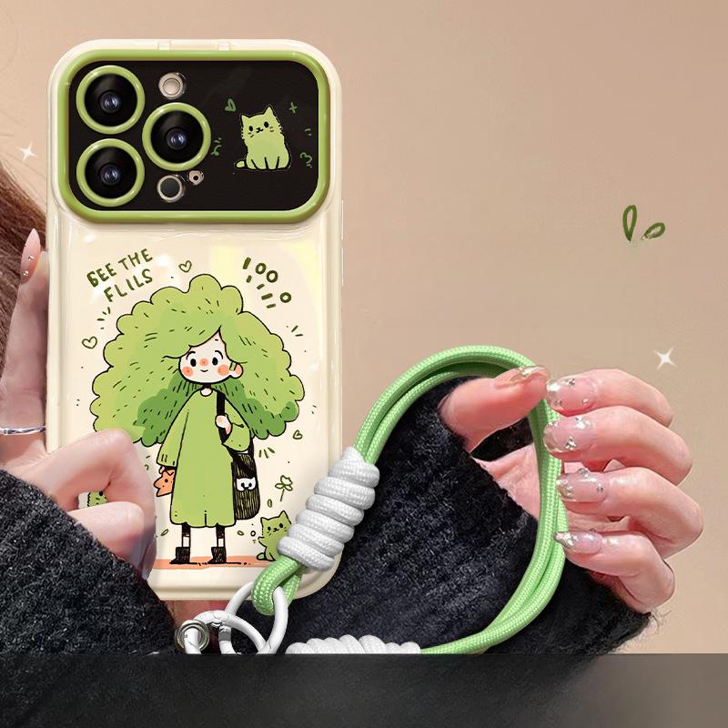Подходит для Apple 13promax Чехол для мобильного телефона Iphone14 Funny Broccoli Girl Lanyard 12 Flip Mirror Xs