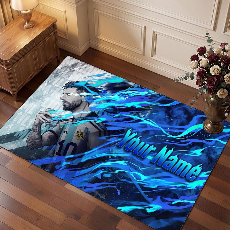 Lionel Messi Custom Crystal Velvet Rug, Personalized Name Text Print, Football Logo Soft Non‑Slip Floor Mat Home Decor Gift