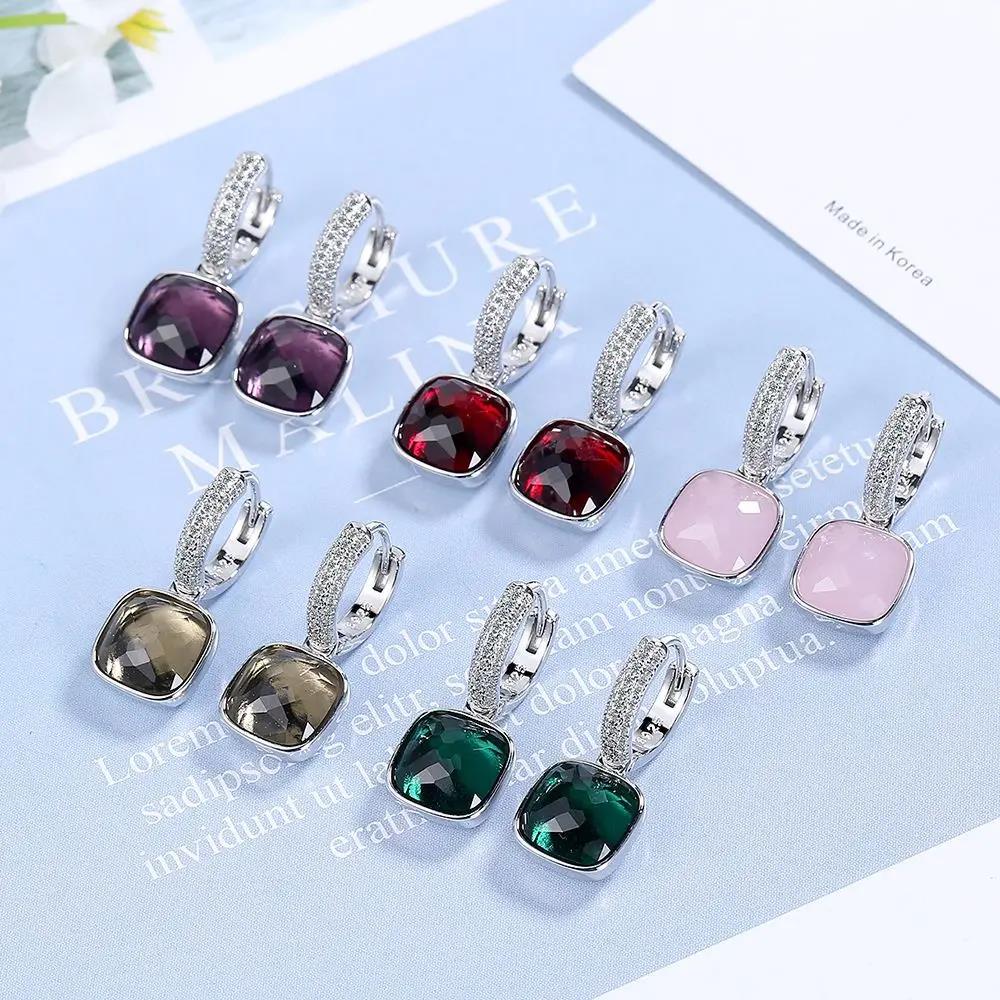Luxury Female Earrings 925 Sterling SIlver Geometric Square Zircon Crystal Earrings for Women Double Row Zircon Jewelry Gifts