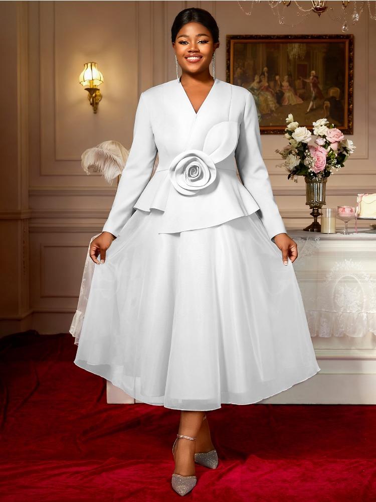 Элегантное женское платье А-силуэта с V-образным вырезом, длинными рукавами, 3D-цветами, баской, лоскутным узором из сетки, наряд для гостьи на свадьбу, в церковь, на вечеринку, осенняя новинка