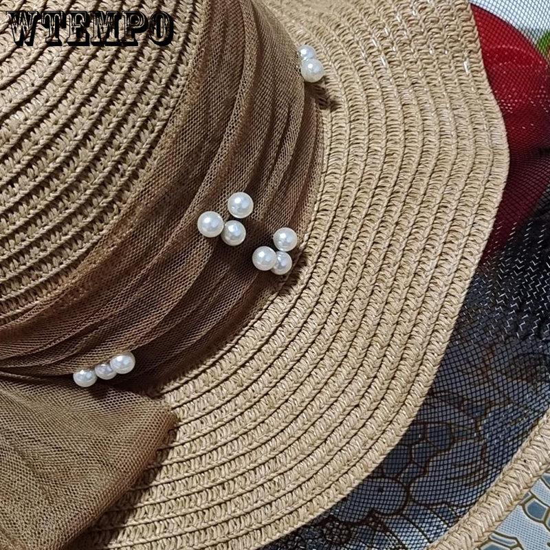 WTEMPO Соломенные шляпы с жемчугом, женские летние пляжные пляжные солнцезащитные козырьки для отдыха, солнцезащитный крем, сандалии с большими полями, однотонные солнцезащитные шляпы
