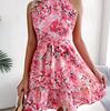 Женское летнее цветочное короткое платье с халтер-вырезом, без рукавов, с оборками, на шнуровке, А-силуэта, весеннее, XXL, темпераментное, модное