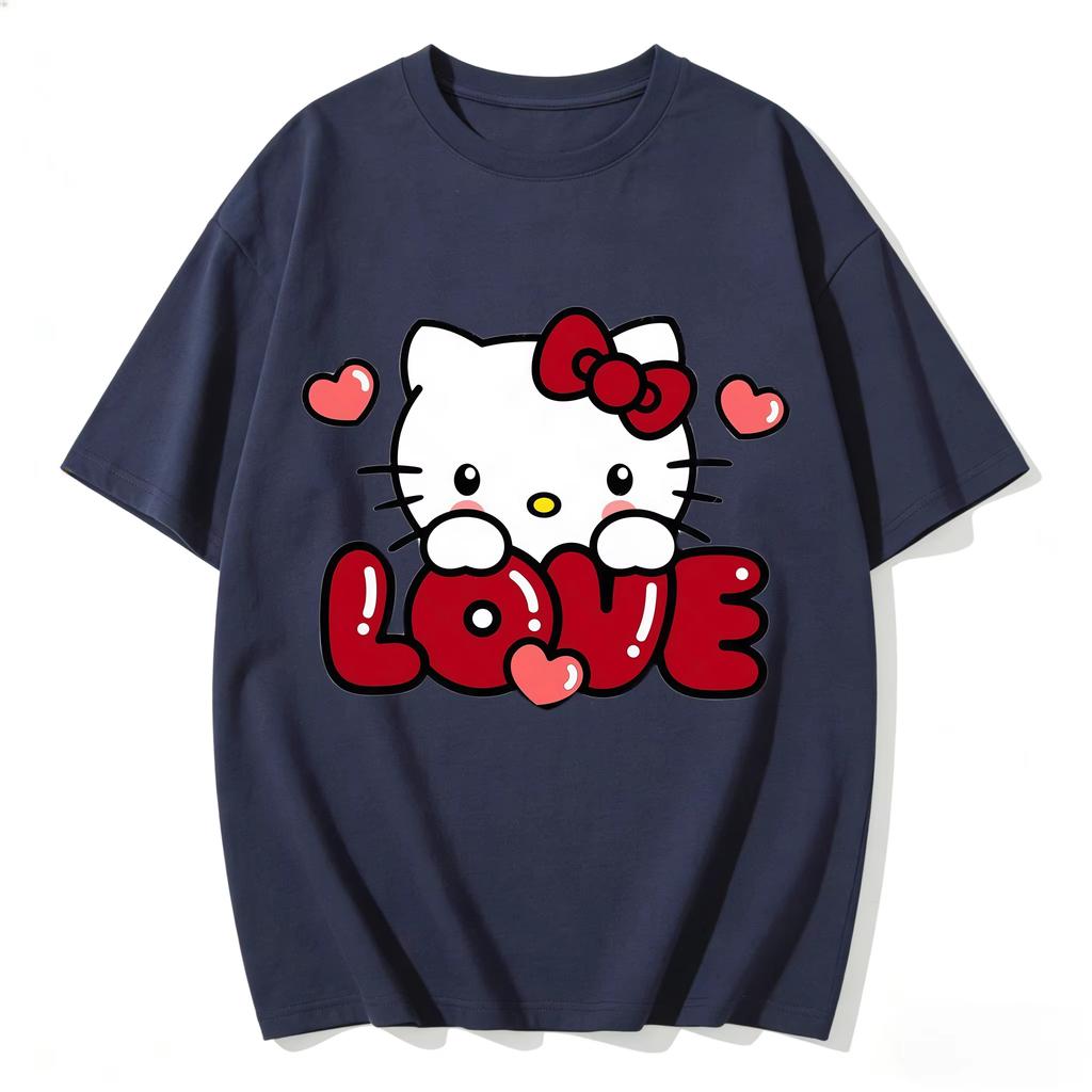 2026 Hello Kitty Cartoon Printed Short Sleeve Summer Cotton Tshirt Flower Comfortable summer loose Tshirt for Women