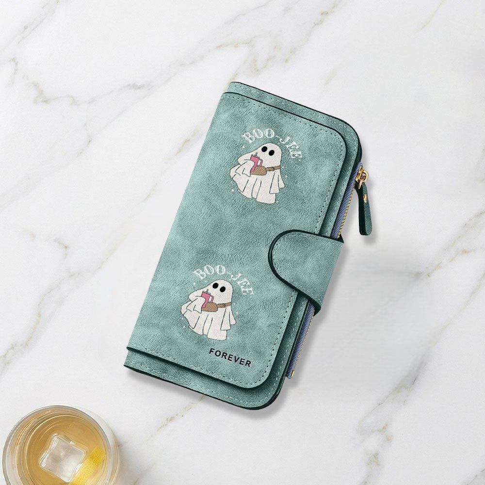 Cute Ghost Holding Drink Illustration Print Long Wallet Unisex Multifunctional Portable Snap Coin Purse Perfect Birthday Gift For Daily Use