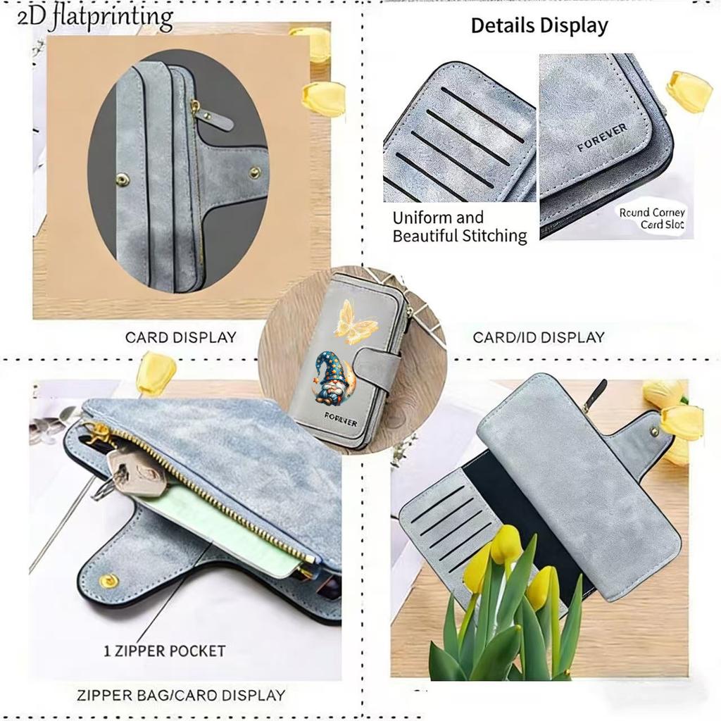 Dwarf & Butterfly Women's Long Wallet Tri - fold Card Holder Multi - slot Storage Printed Zipper Wallet for Cash ID Credit Card Daily Items Gift