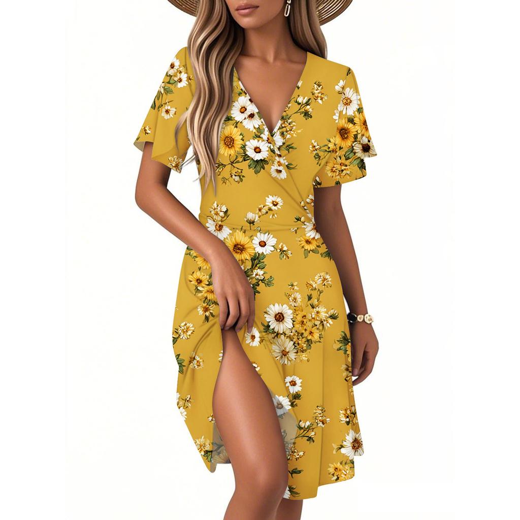 Women's Fashion Short Sleeve Wrap Sundress V-Neck Floral Print Dresses