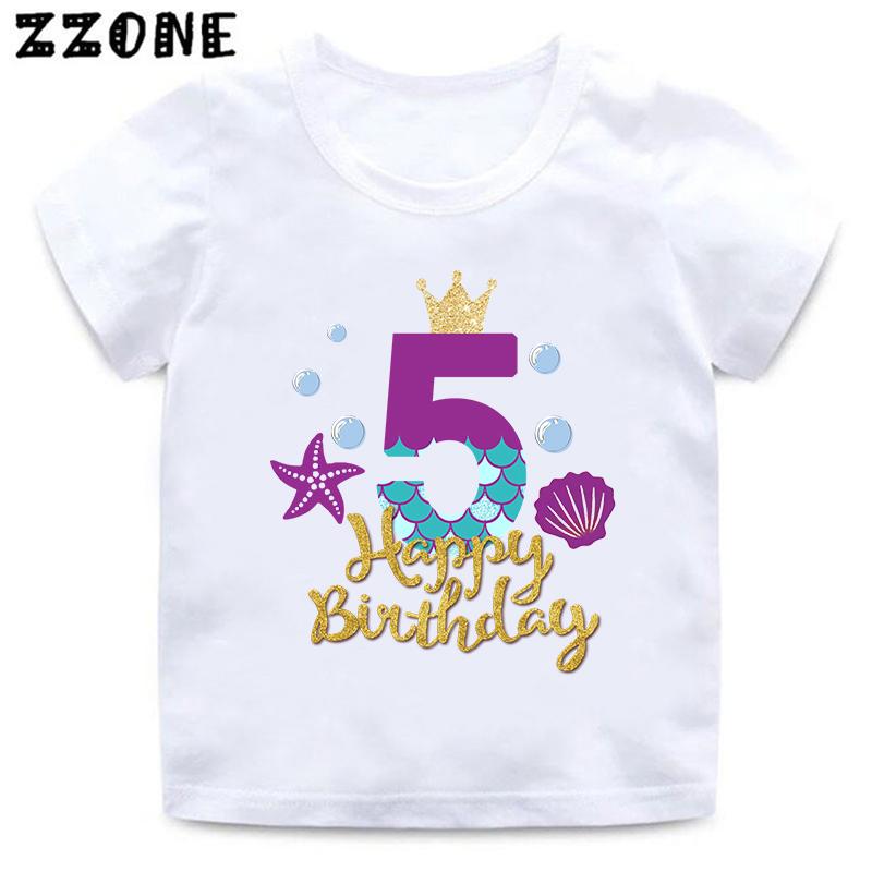 Cute Mermaid Princess Print Girls Clothes 1 2 3 4 5 6 7 8 9 Years Happy Birthday Kids Short Sleeve T shirt Baby Boys T-Shirts