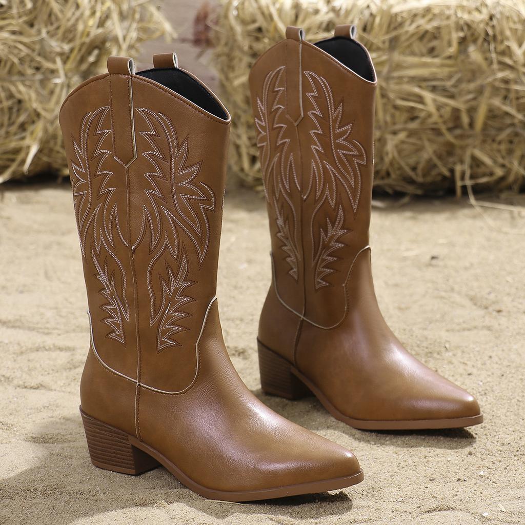 Модные западные женские сапоги Осень Зима Мода Массивный каблук Ковбойские сапоги Винтажный стиль Кантри Вестерн Ковбойские Сапоги на высоком каблуке