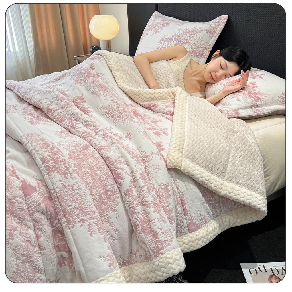 Winter Milk Flannel Blanket 3-piece Set Thickened Quilted Warm Office Nap Blankets Single Double Soft Plush Comforter Pillowcase